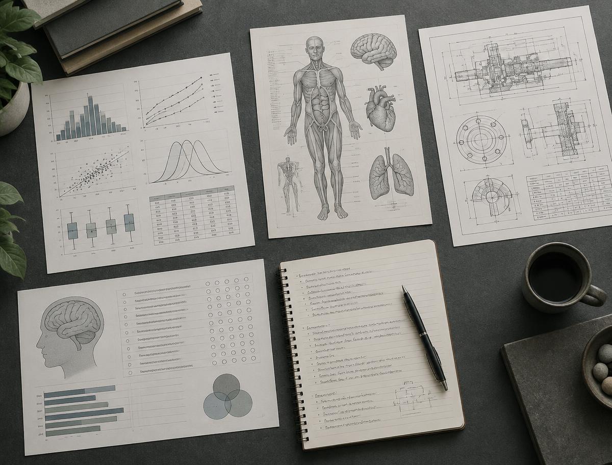 Statistical charts, anatomical diagrams, engineering drawings, and research notes across disciplines