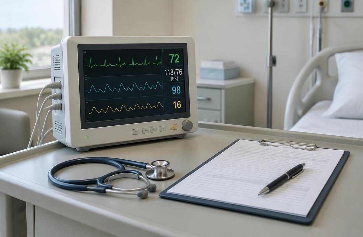 A clinical patient monitor, stethoscope, and case report form