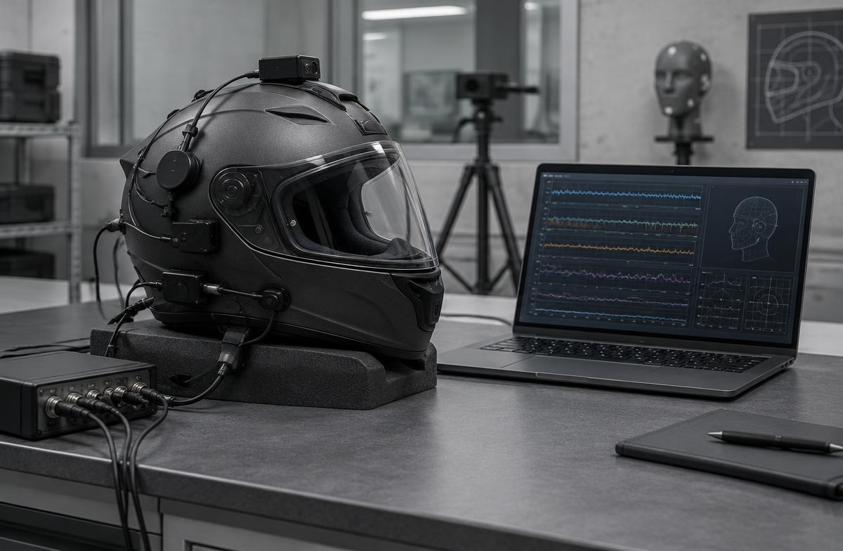 An instrumented motorcycle helmet beside telemetry data