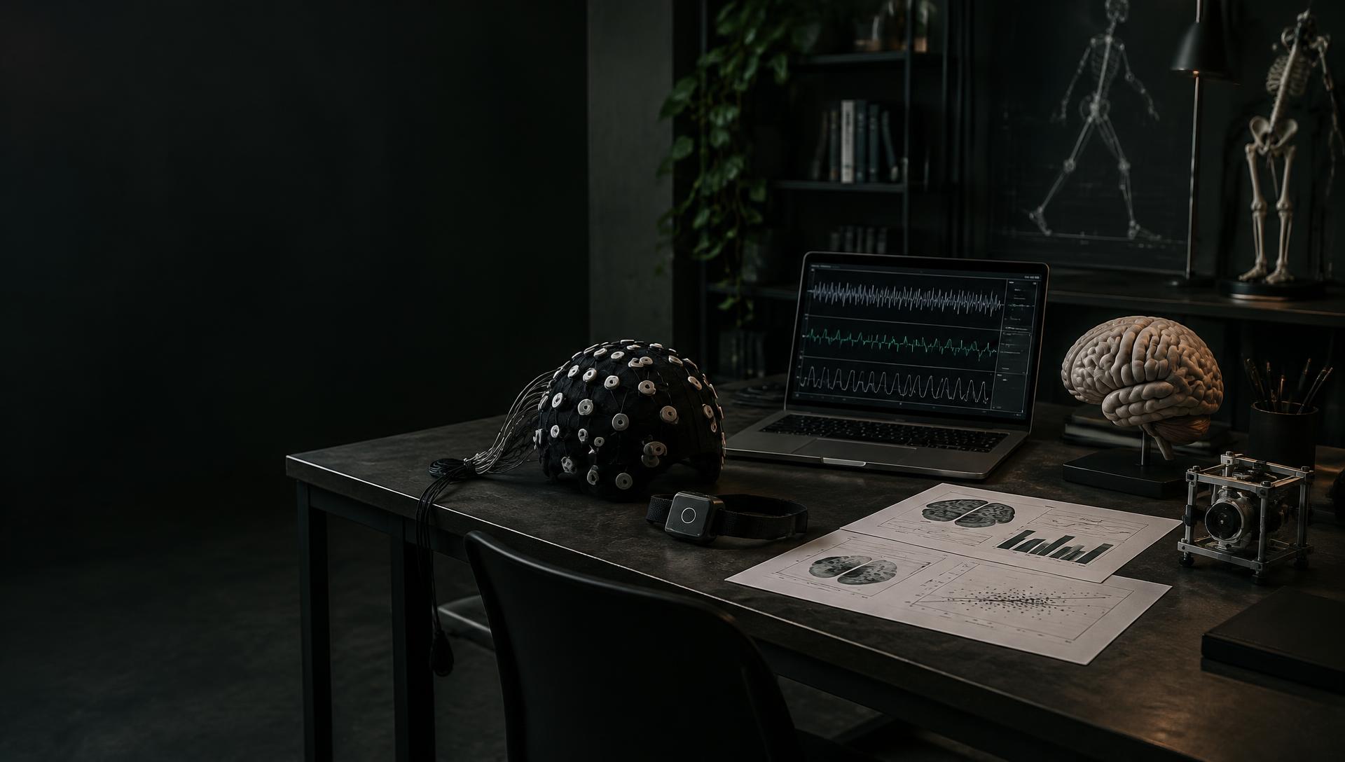 Illustrative multidisciplinary research workspace with neurophysiology, biomechanics, and data analysis tools
